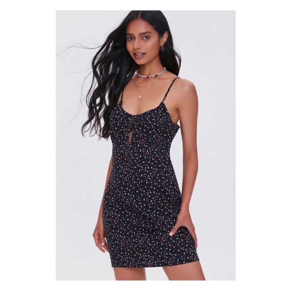 Forever‎ 21 Floral Mini Dress Black Ditsy Print Keyhole Tie Front Rayon Size M